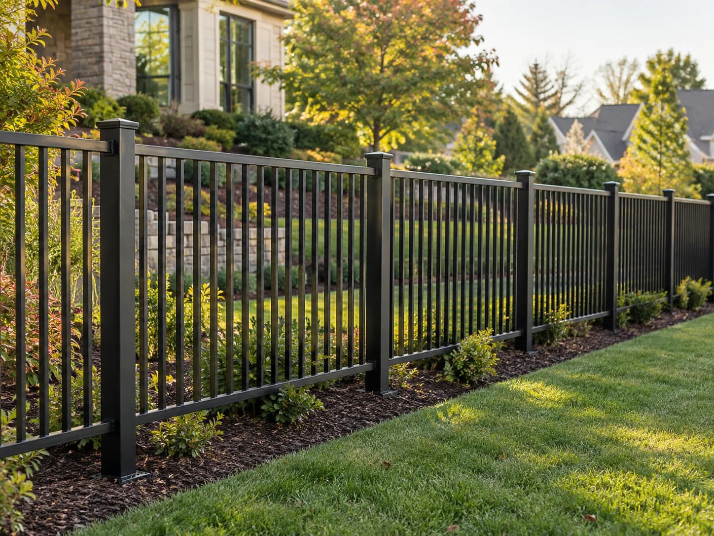 AI-generated illustration: Welded steel fence line along a residential property