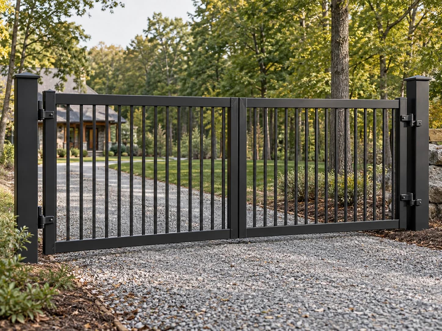 AI-generated illustration: Custom double swing driveway gate in steel