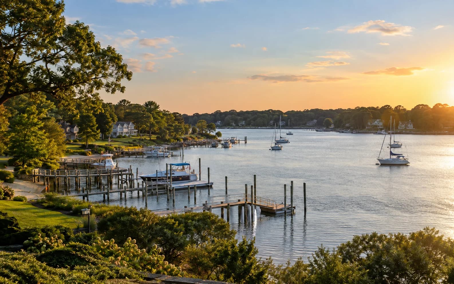 AI-generated illustration: Illustrative Maryland tidal shoreline with docks and waterfront homes