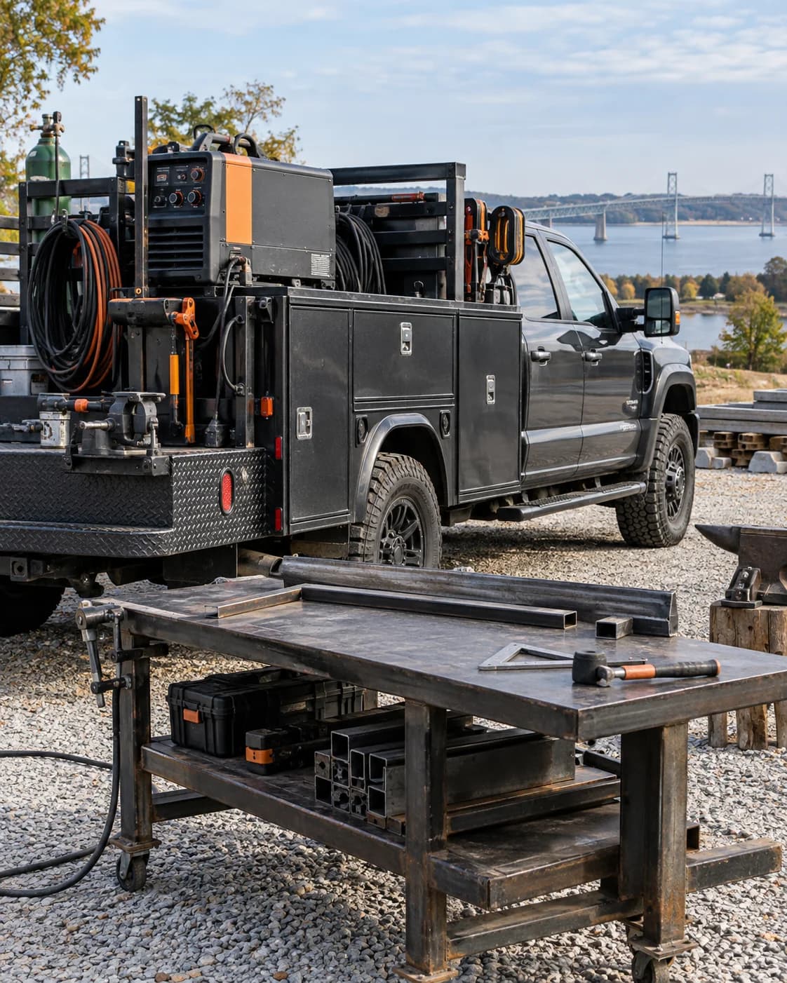 AI-generated illustration: Illustrative mobile welding rig with tools and a portable fabrication table