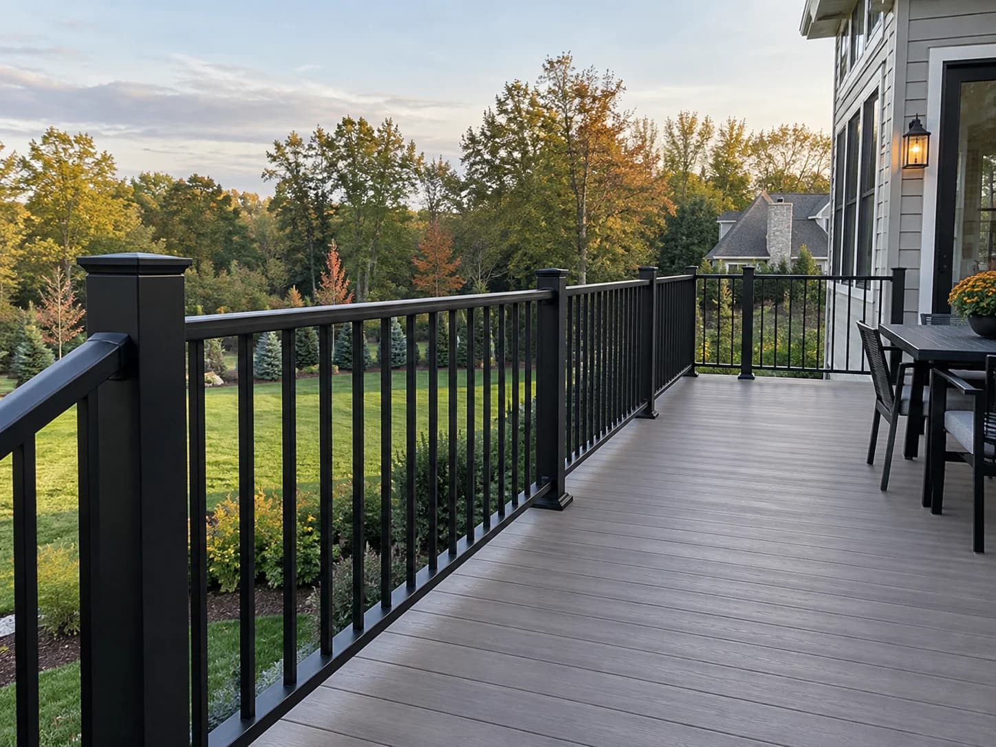 AI-generated illustration: Custom matte black steel guardrail on a composite deck